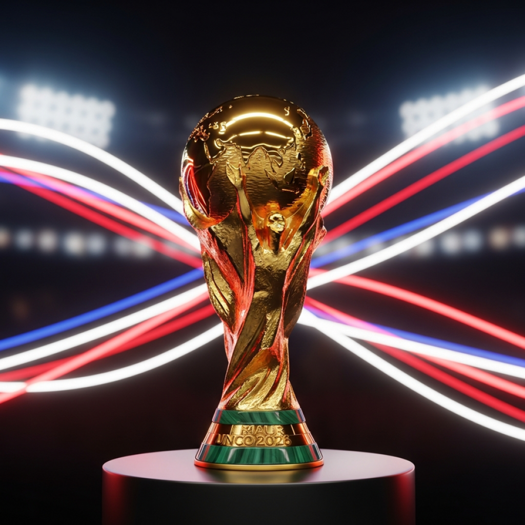 BLOG The iconic FIFA World Cup trophy rendered in stunning detail, with an abstract background representing the flags of host nations USA, Canada, and Mexico.