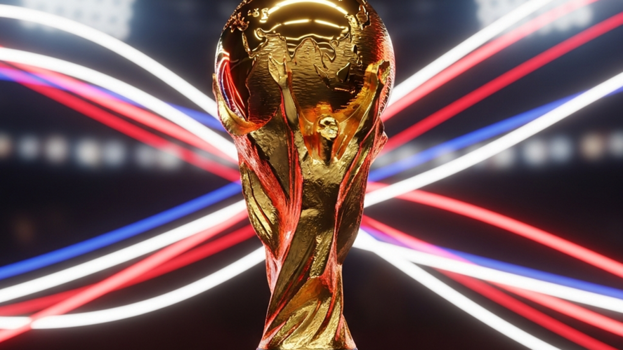 The iconic FIFA World Cup trophy rendered in stunning detail, with an abstract background representing the flags of host nations USA, Canada, and Mexico.