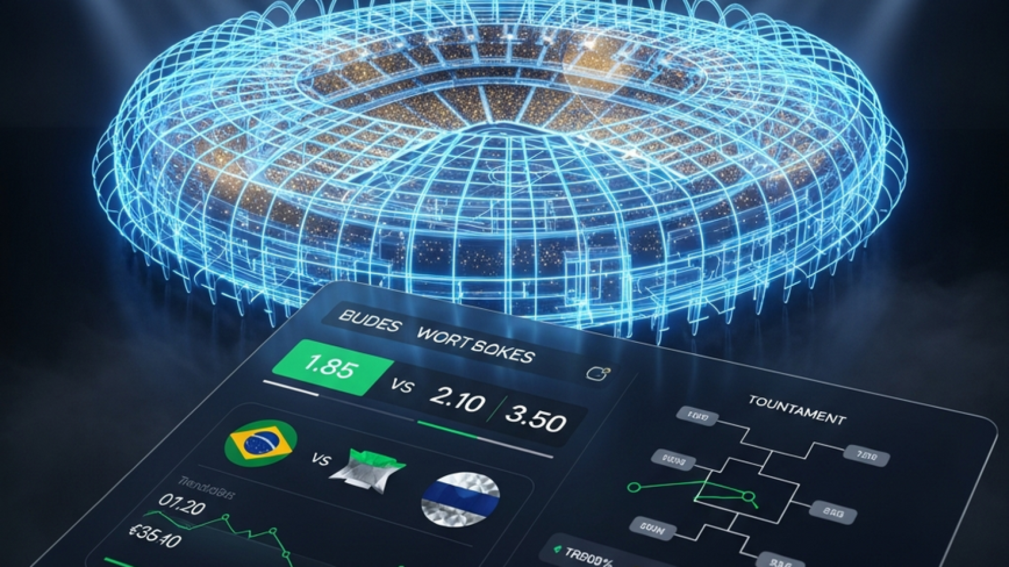 A futuristic 3D rendering of a sports betting interface for the 2026 FIFA World Cup, set against a glowing holographic football stadium, symbolizing modern online betting.