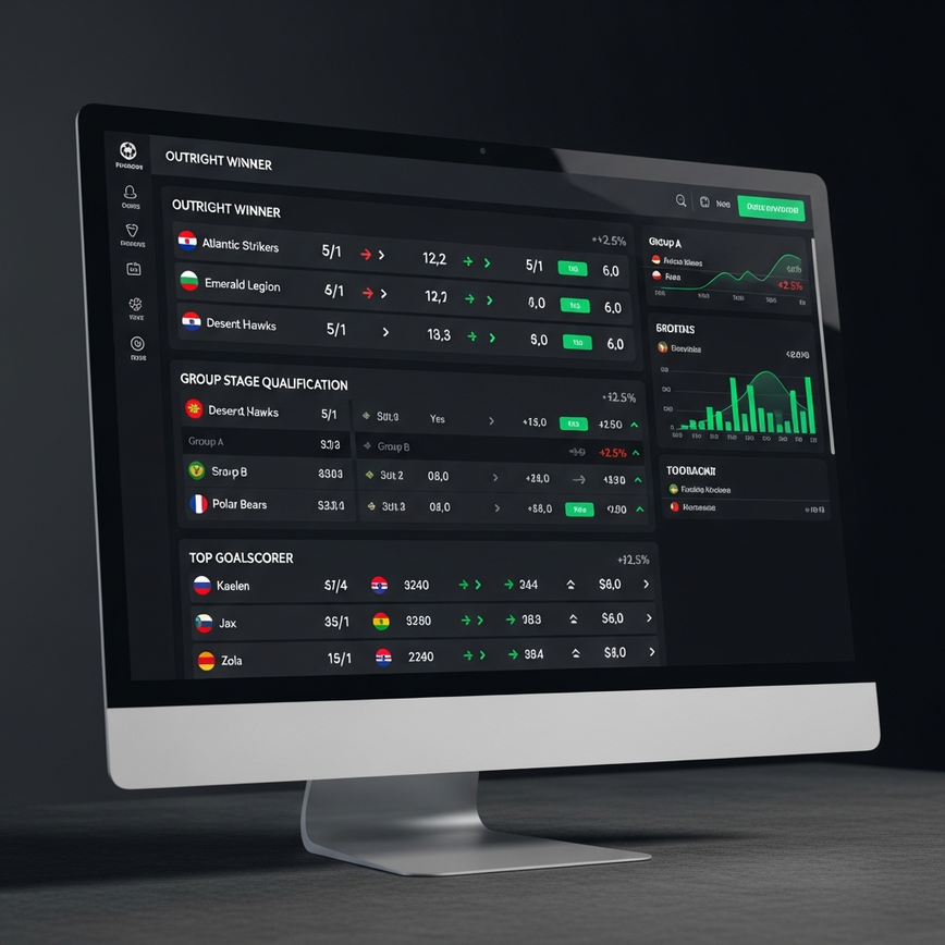 To visually represent the variety of betting markets and odds available for the World Cup, such as outright winners, group stages, and live betting, on a clean digital platform.