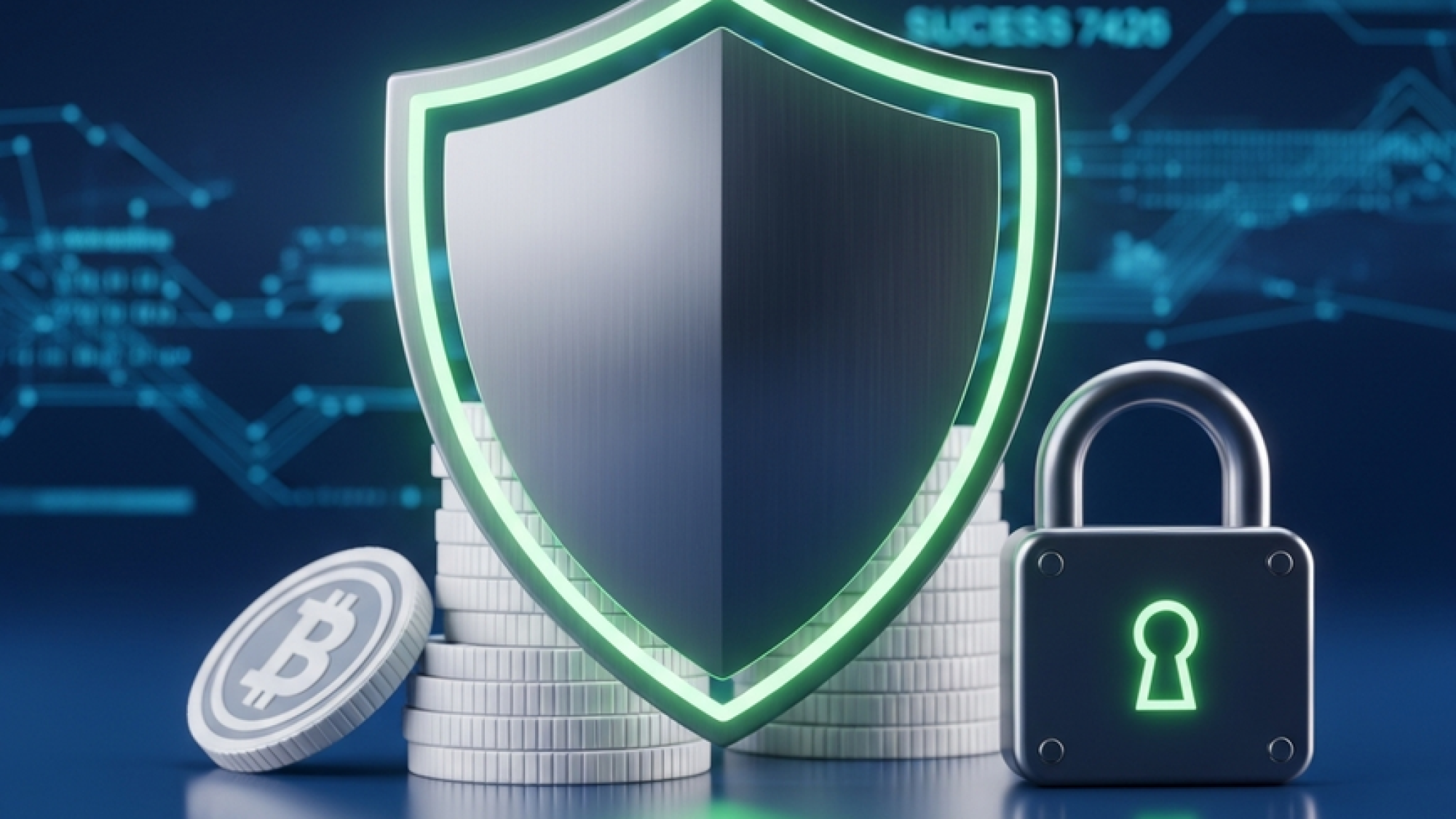 Digital shield protecting abstract digital currency with a padlock, symbolizing recovery and security against stolen winnings.