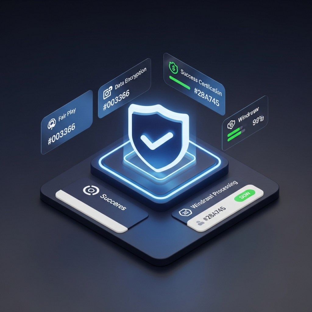 A 3D digital dashboard showcasing online casino security features, including a central shield icon and trust metrics.