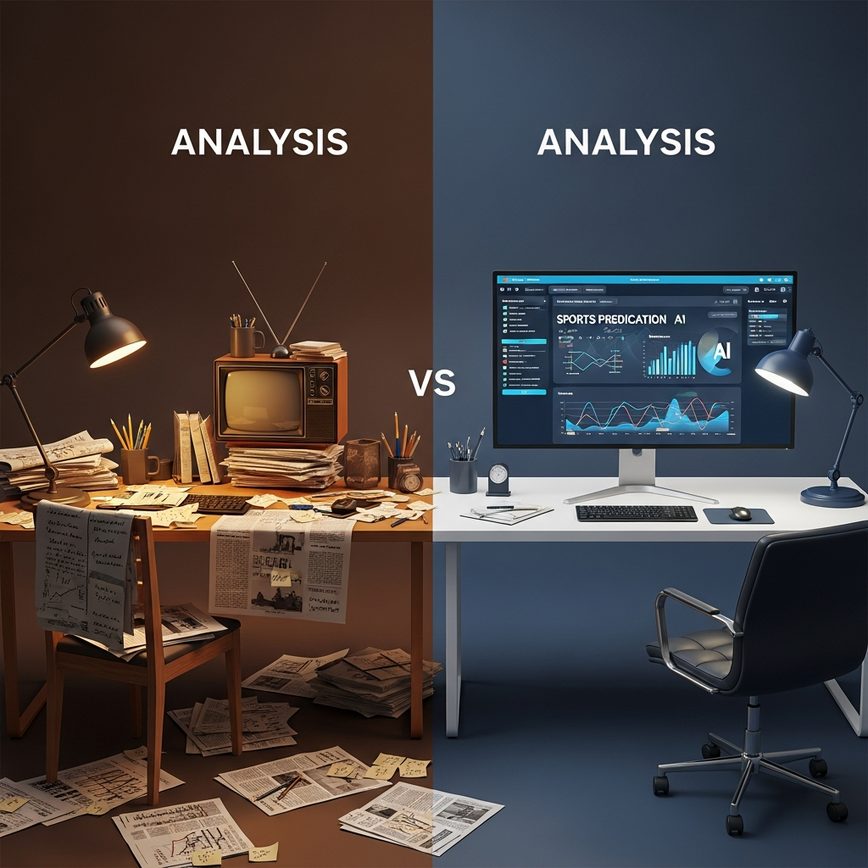 Untuk mencipta kontras visual yang kuat antara analisis manual cara lama dan analisis moden berpandukan AI, menyokong secara langsung jadual perbandingan dalam artikel.