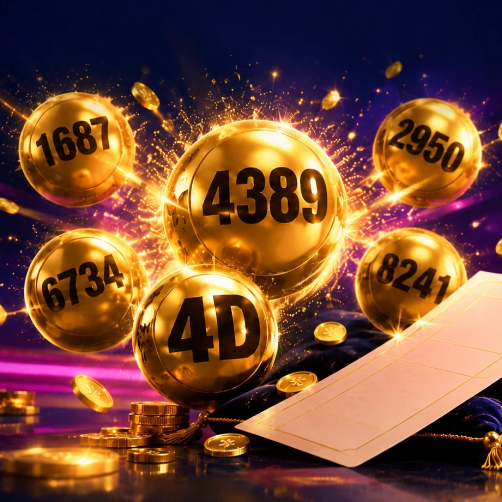 4D lottery Malaysia golden numbered balls with a lottery ticket and gold coins