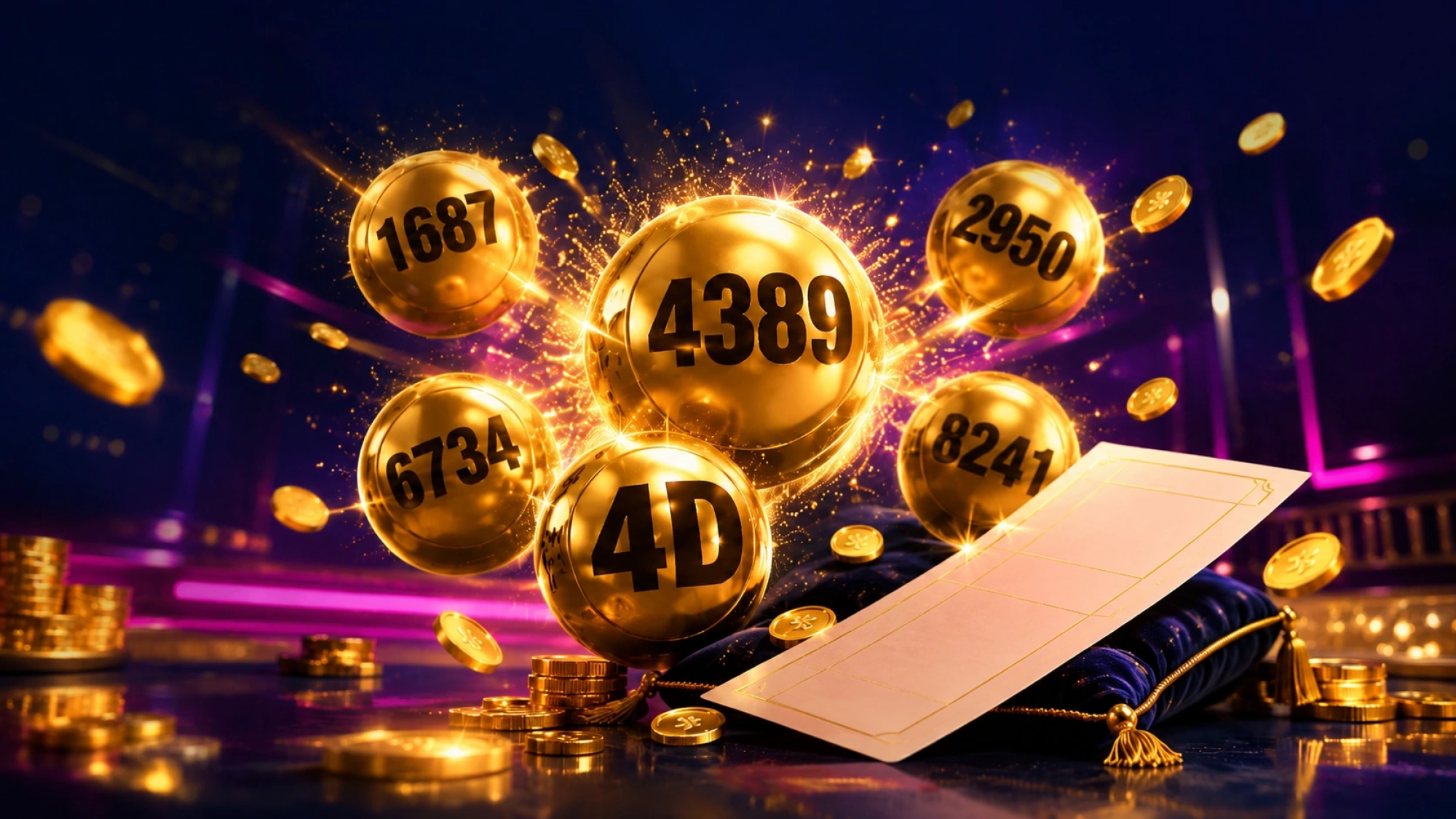 4D lottery Malaysia golden numbered balls with a lottery ticket and gold coins