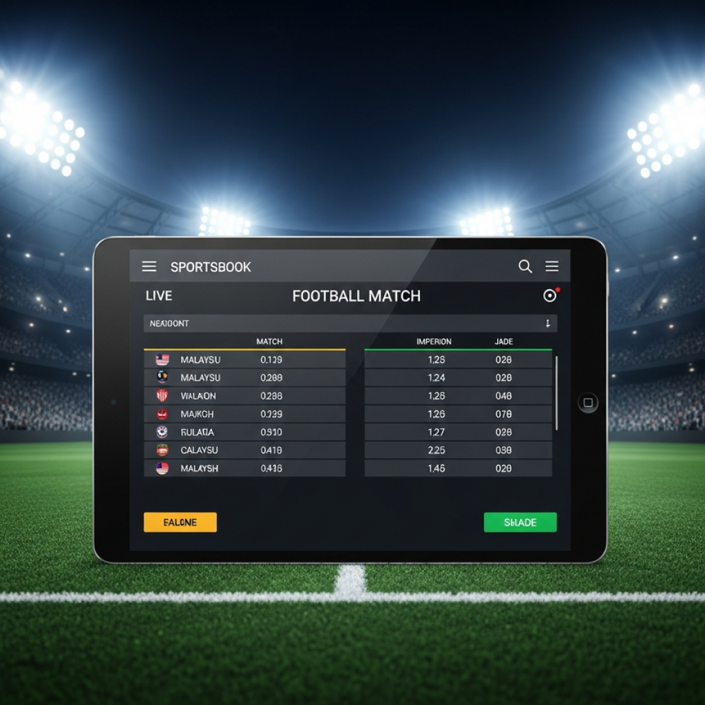 A modern sportsbook interface for football betting in Malaysia, displayed on a tablet with a stadium background.