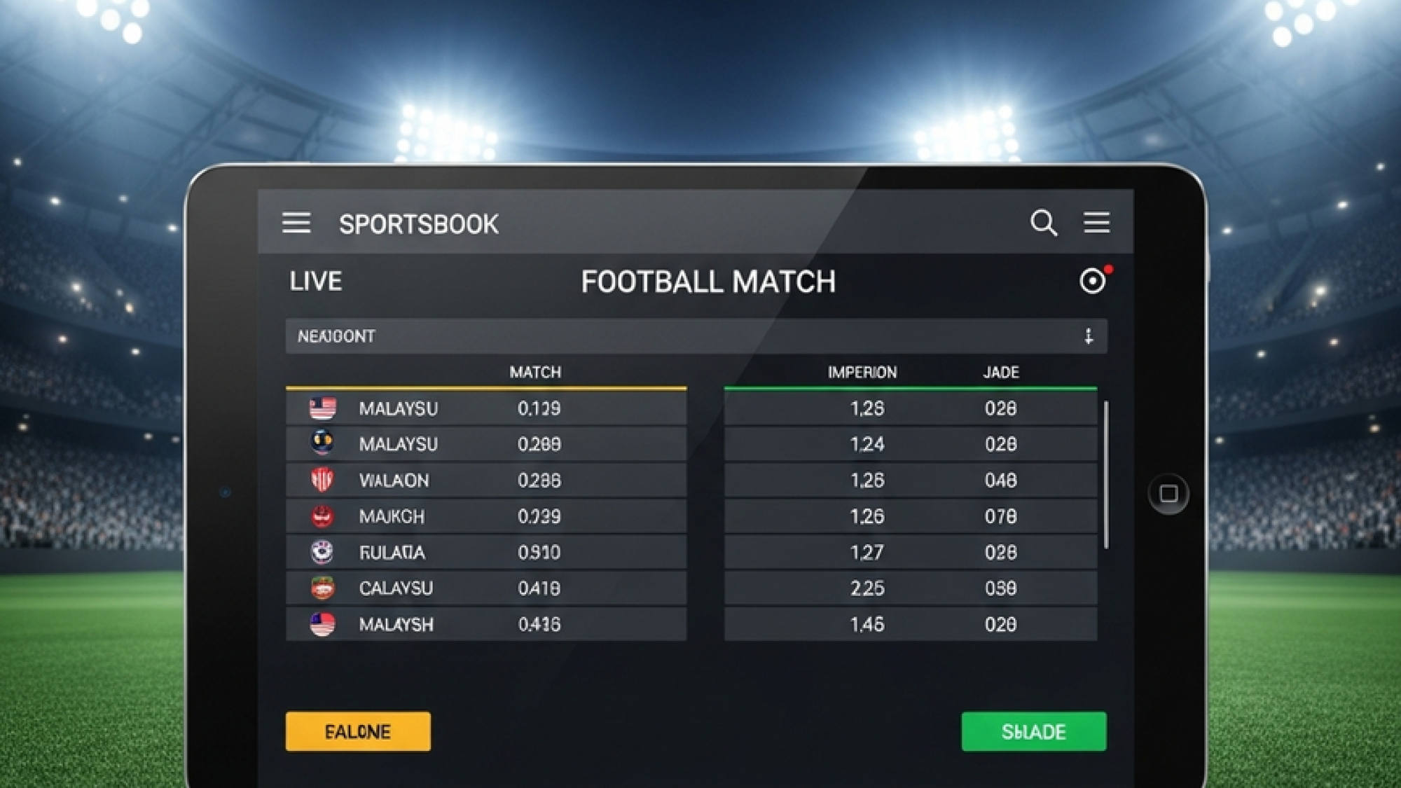 A modern sportsbook interface for football betting in Malaysia, displayed on a tablet with a stadium background.