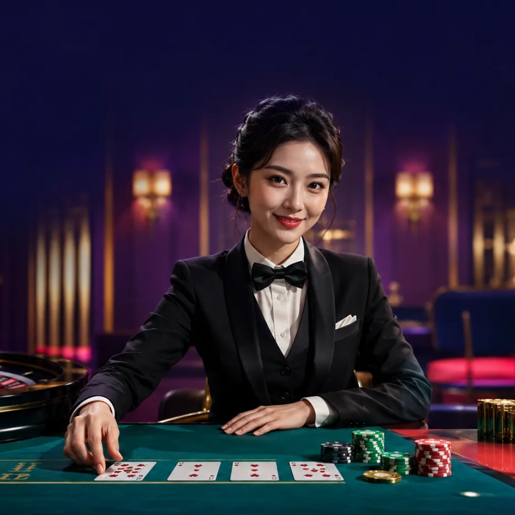 Online casino Malaysia live dealer at a baccarat and roulette table with a smartphone showing a live casino game