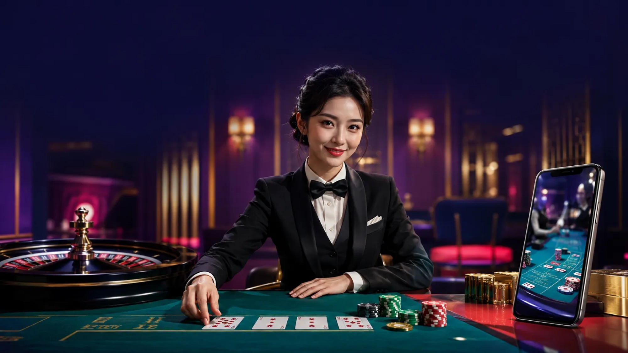 Online casino Malaysia live dealer at a baccarat and roulette table with a smartphone showing a live casino game
