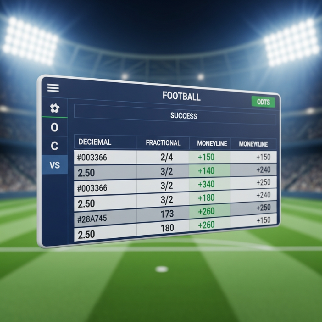 A modern sportsbook interface comparing Decimal, Fractional, and Moneyline betting odds for a football match.