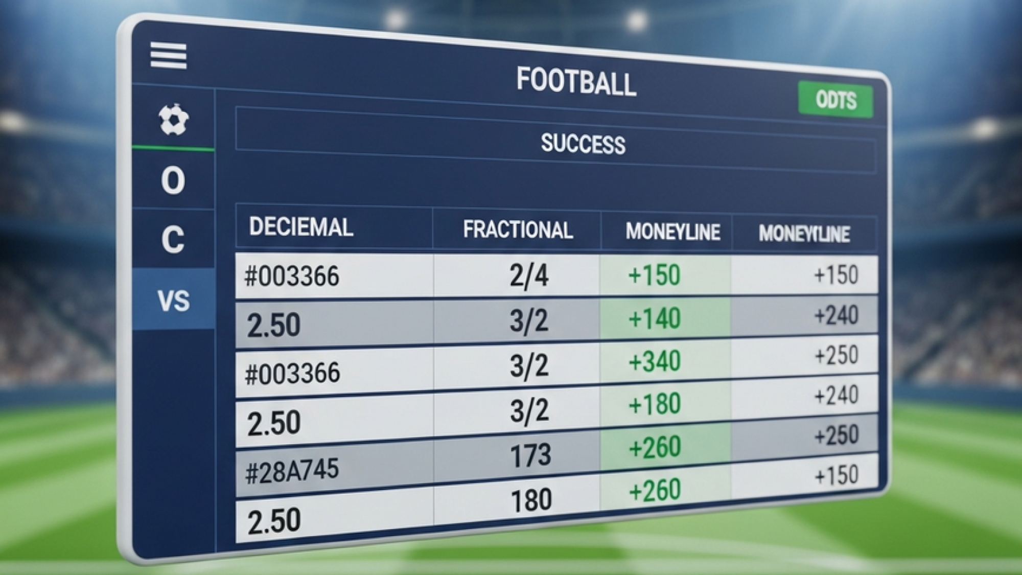 A modern sportsbook interface comparing Decimal, Fractional, and Moneyline betting odds for a football match.