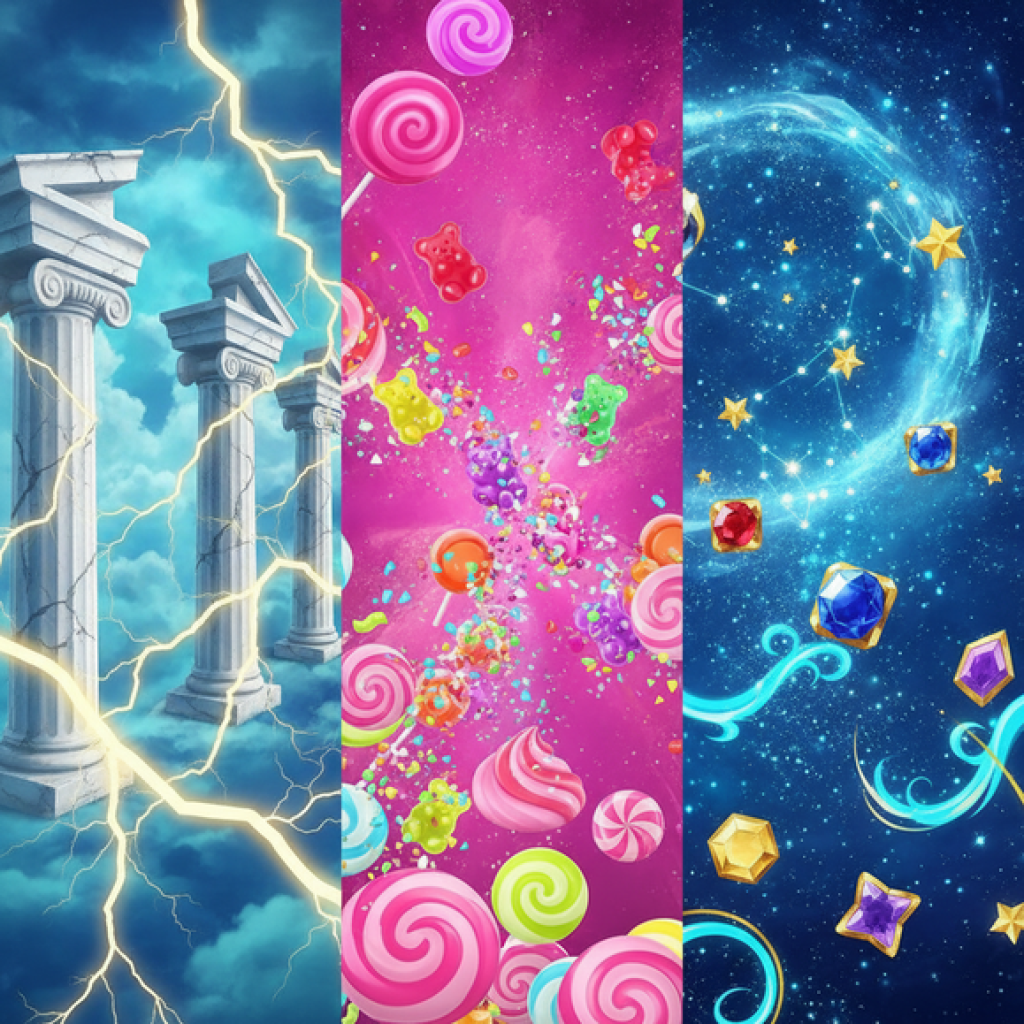 A vibrant showcase of three popular online slot themes: Greek mythology, candy, and magical anime princess.