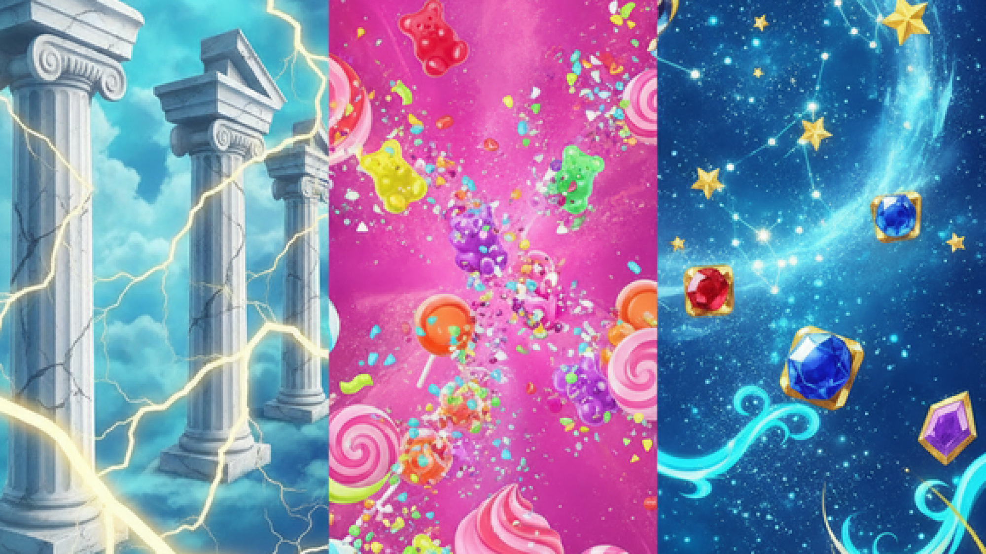A vibrant showcase of three popular online slot themes: Greek mythology, candy, and magical anime princess.