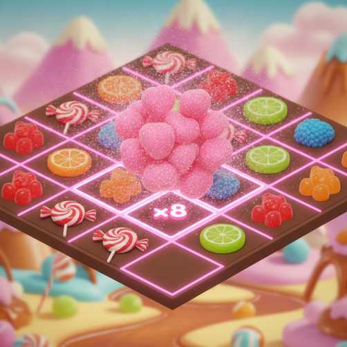 online-slots-showcase-malaysia-cover To illustrate the 'Sugar Rush Super Scatter' game, highlighting the cluster pays mechanic and the glowing multiplier spots left behind after a win.