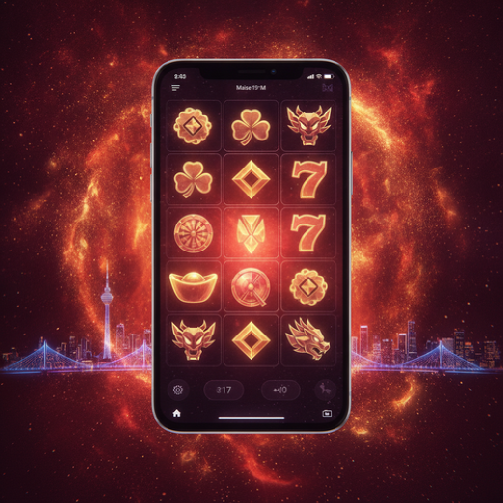 A showcase of modern online slot games for Malaysia, displayed on a smartphone with a red and gold themed background.