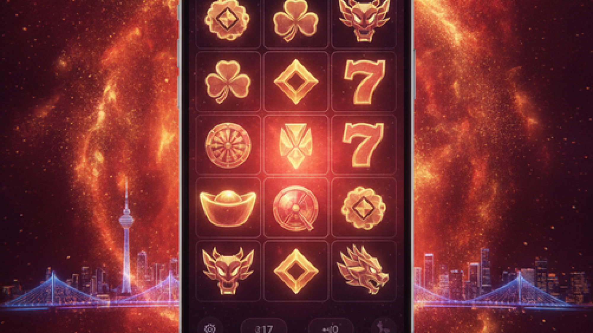 A showcase of modern online slot games for Malaysia, displayed on a smartphone with a red and gold themed background.
