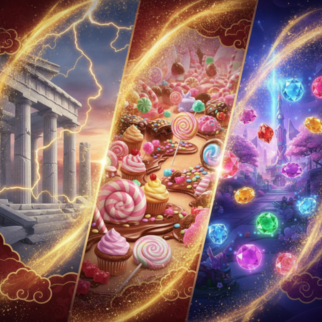 BLOG A vibrant showcase of popular online slot games in Malaysia, featuring themes of mythology, candy, and magic.