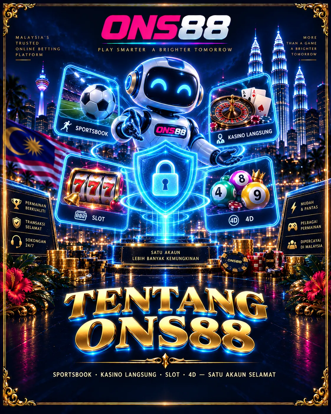 Tentang ONS88 — Platform Pertaruhan Dalam Talian Dipercayai Malaysia Tentang ONS88 — sportsbook, kasino langsung, slot dan 4D dalam satu akaun selamat