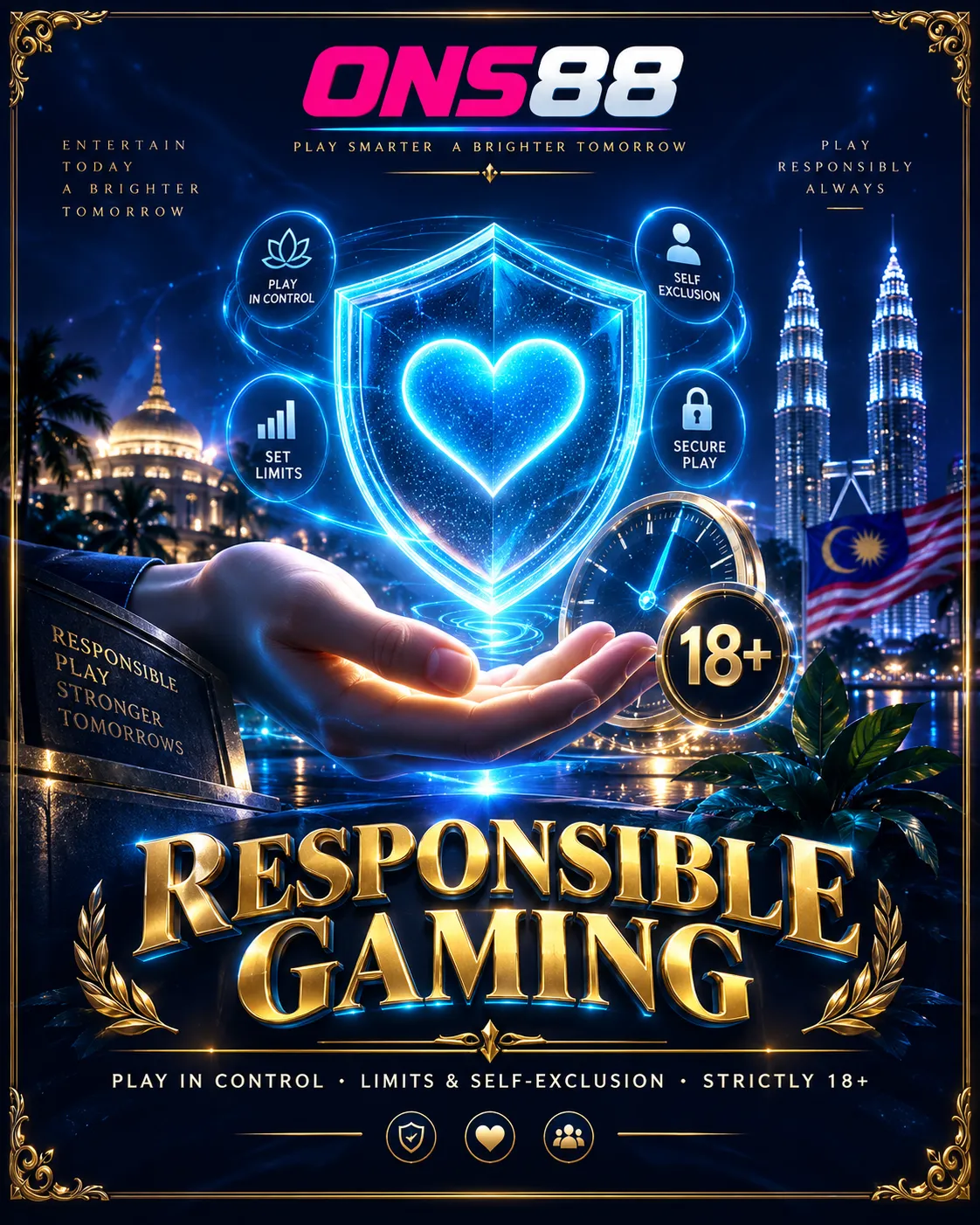 Responsible Gaming ONS88 Responsible Gaming — play in control, limits and self-exclusion, strictly 18+